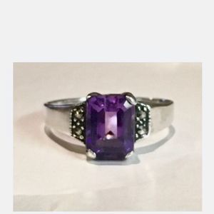 Vintage Emerald Cut Amethyst and Marcasite Sterling Silver Ring